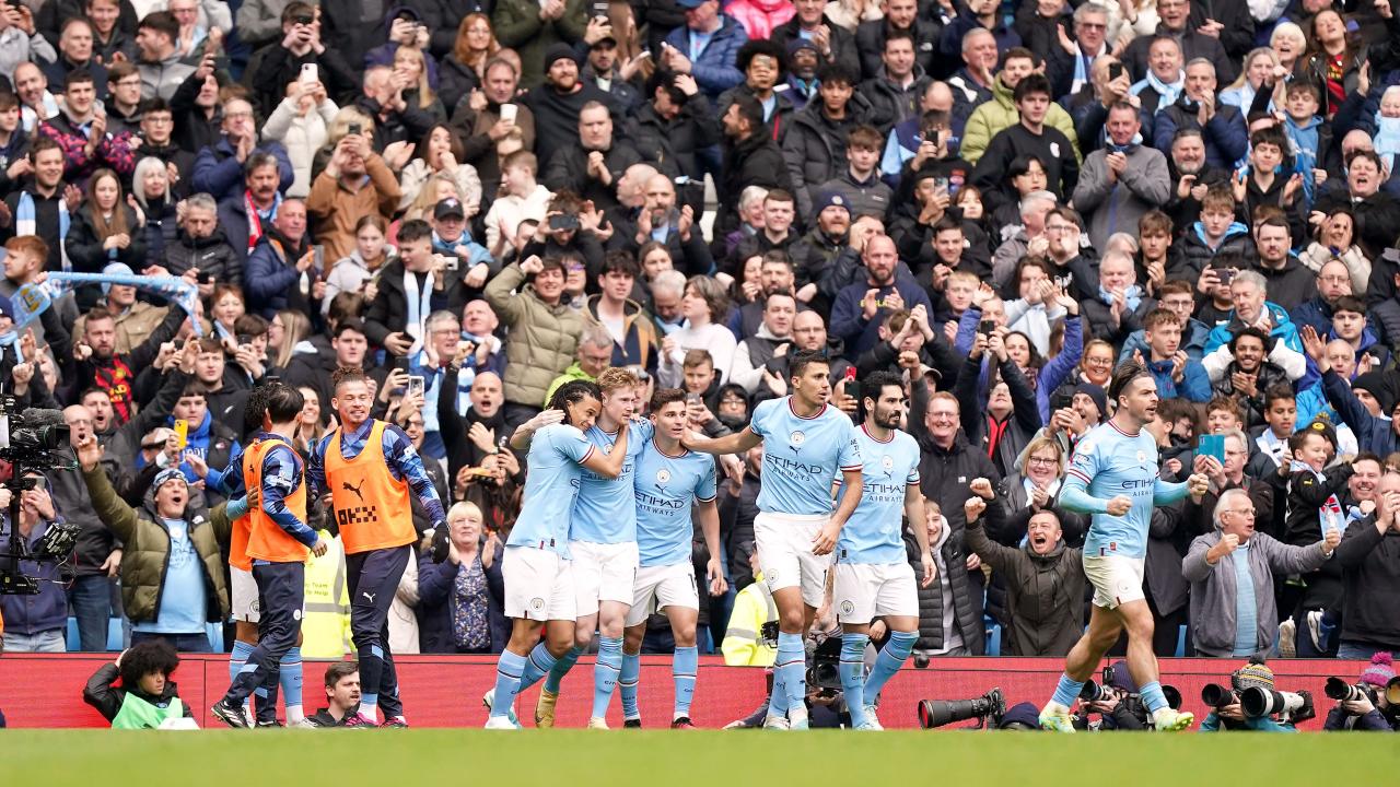 Manchester City’s Kevin De Bruyne celebrates scoring their side’s second goal of the game with team-mates during the Premier League match at the Etihad Stadium, Manchester. Picture date: Saturday April 1, 2023.
