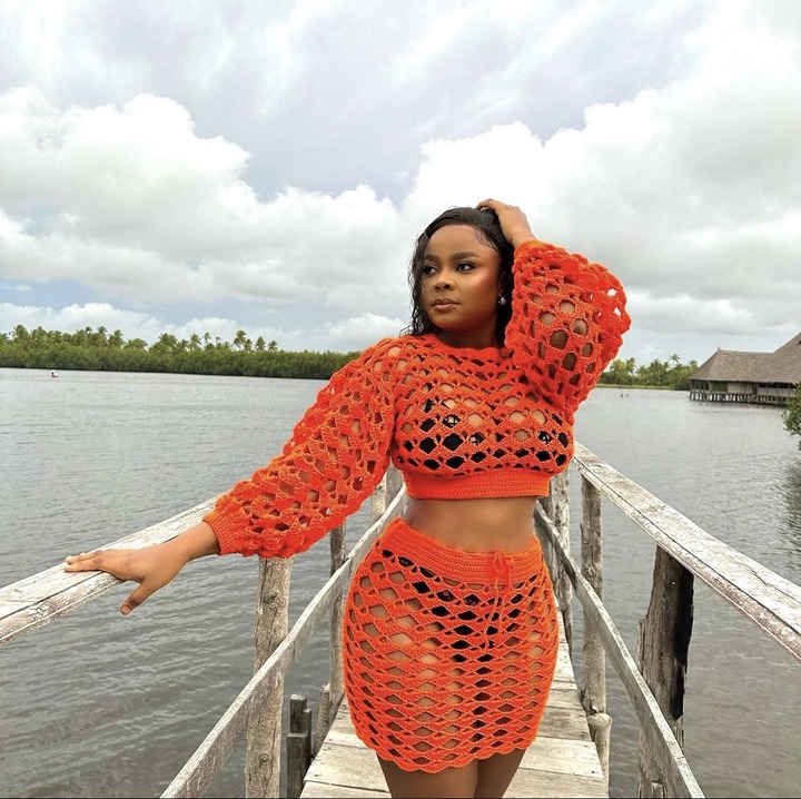 Reactions as Bimbo Ademoye Flaunts Her Beauty in Crochet Outfit