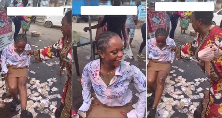 Mother makes money rain on graduating daughter who visited her shop after signing out (Video)