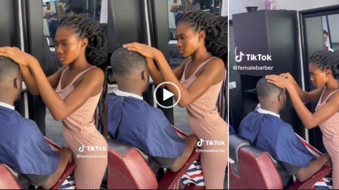 “I Enjoyed Your Service, I will Come Back Next Time” – Man Reacts After Receiving Hair Cut service From A Beautiful Lady (Video)
