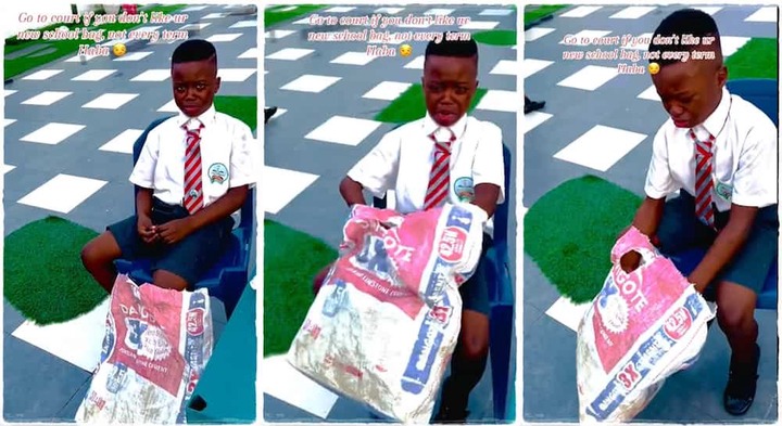 Photos of a boy who got Dangote sack as a school bag.