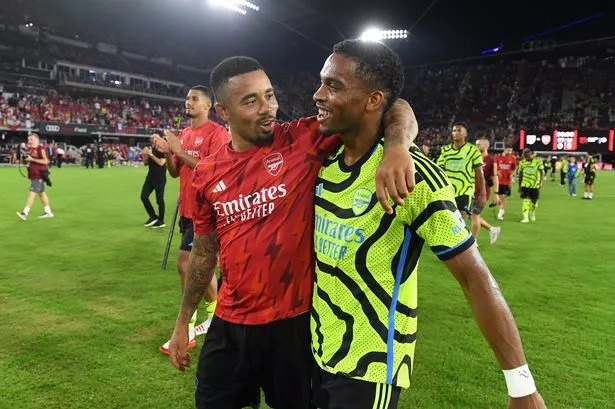 Gabriel Jesus and Jurrien Timber of Arsenal reacts after the MLS All-Star Game between Arsenal FC and MLS All-Stars at Audi Field on July 19, 2023 in Washington, DC.