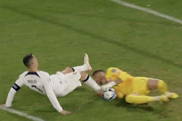 Cristiano Ronaldo was booked for a late challenge on Martin Dubravka.