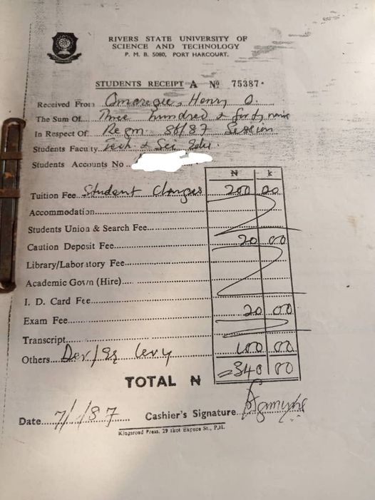Nigerian man shares his official receipt in 1987 when state varsity tuition fee was N340