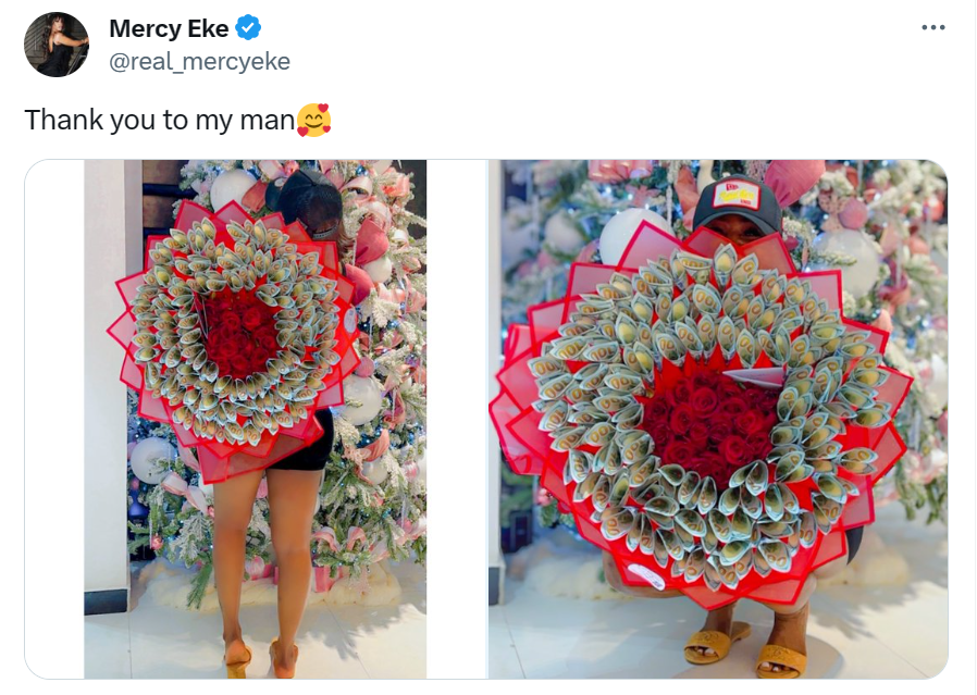 Mercy Eke shows off money bouquet she got from her man