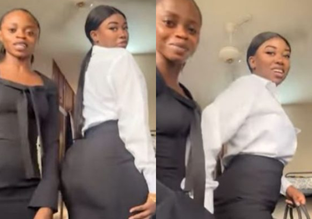 "Abeg no block person Glory" - Highly endowed law school student pushes away her slim mate while making a video