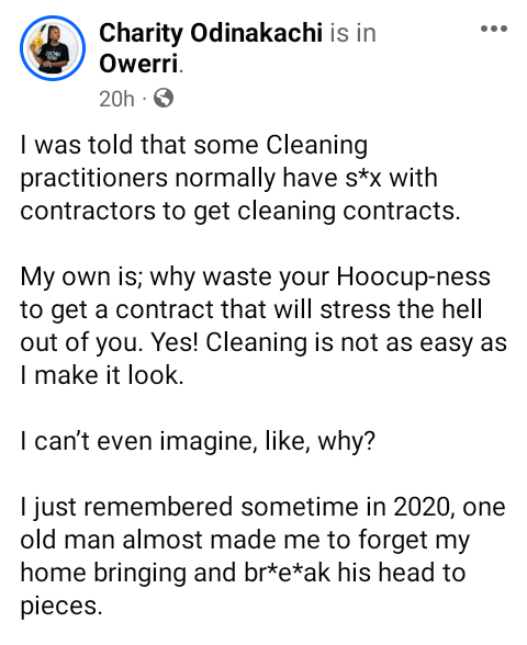 Some cleaning practitioners normally have s*x with contractors to get cleaning contracts - Nigerian professional cleaner claims