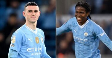 A split picture in which Phil Foden smiles as he carries the match ball after scoring a hat-trick, Khadija Shaw runs arms wide open and smiling after scoring a goal